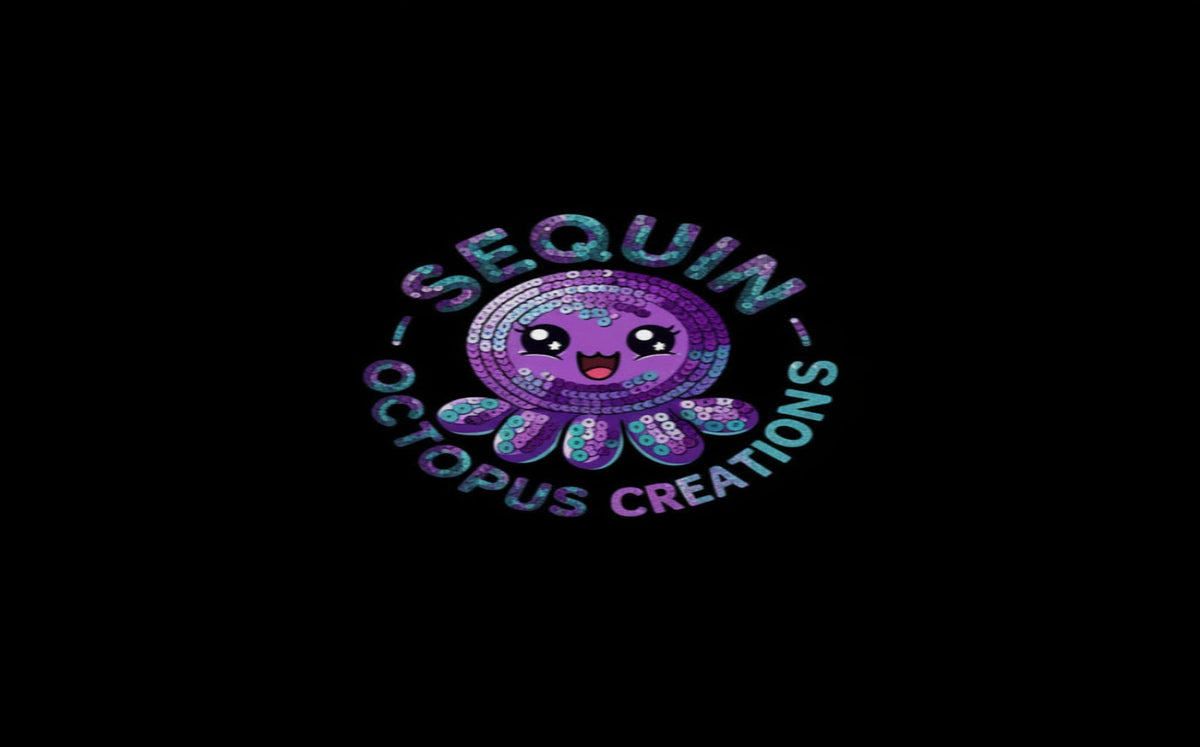 A circular graphic on a black background featuring a cute purple octopus with sequin-like detailing and the words 'SEQUIN OCTOPUS CREATIONS' around it.